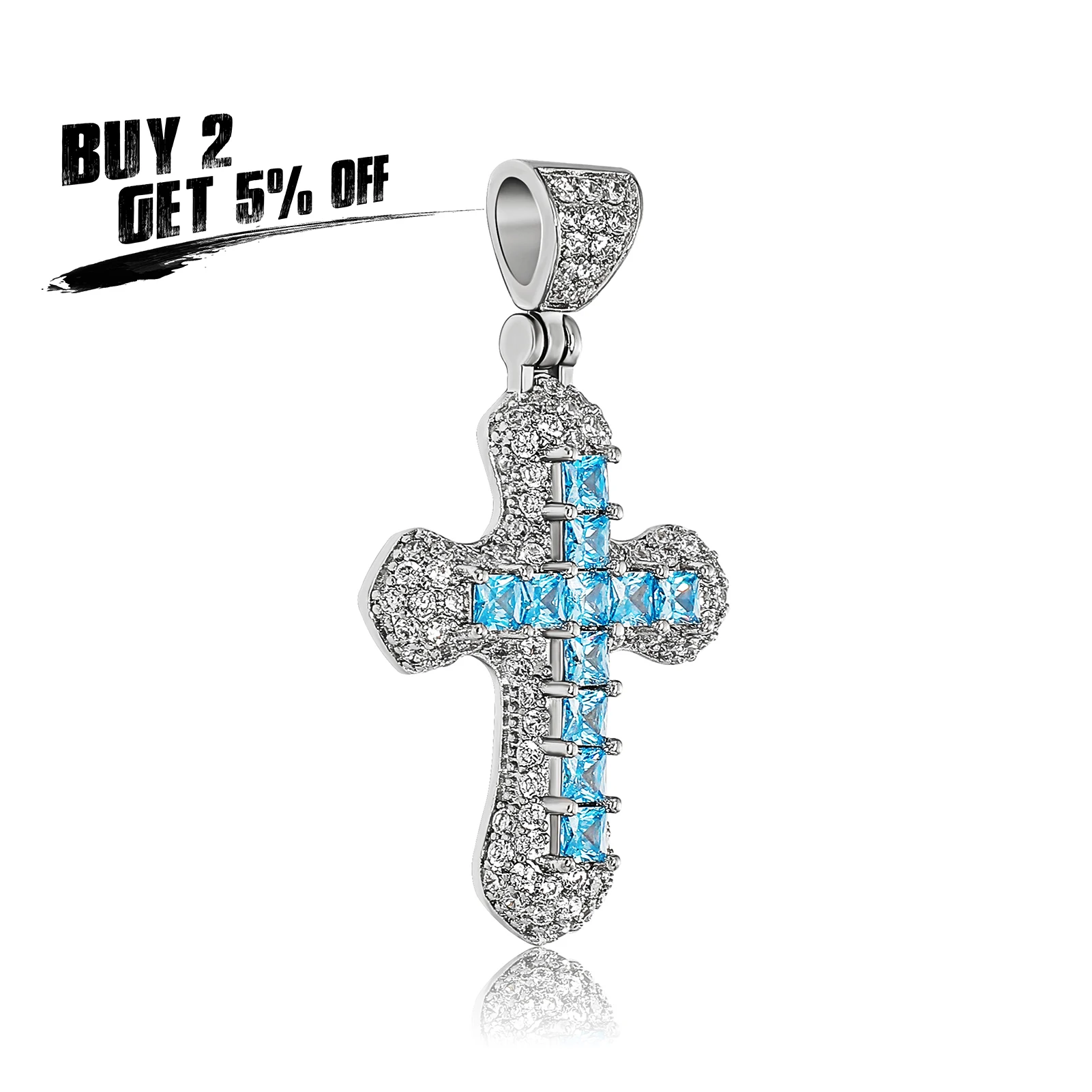 JINAO 2022 NEW European And American Style High Quality Ice Cravejado Cubic Blue Zircon Cross Pendant  Jewelry