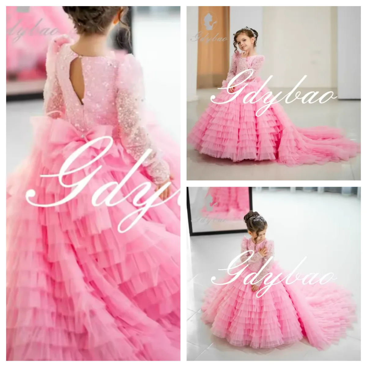 Luxurious Sequin Ruffled Sparkle Girl's First Communion Dress Long Sleeve Floor-Length Formal Wedding Party Children's Dress