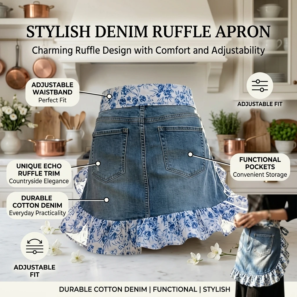 Stain-Resistant Apron Ruffle Style for Kitchen Baking Use Adjustable Denim Cooking Smock Water-Repellent Durable