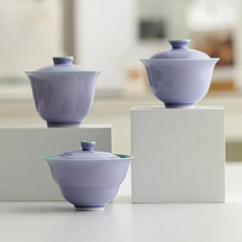 Hibiscus Purple Household Ceramic Cover Bowl Kung Fu Tea Set Inner Glaze Turquoise Green Thin Tire Tea Bowl Purple Cover Bowl