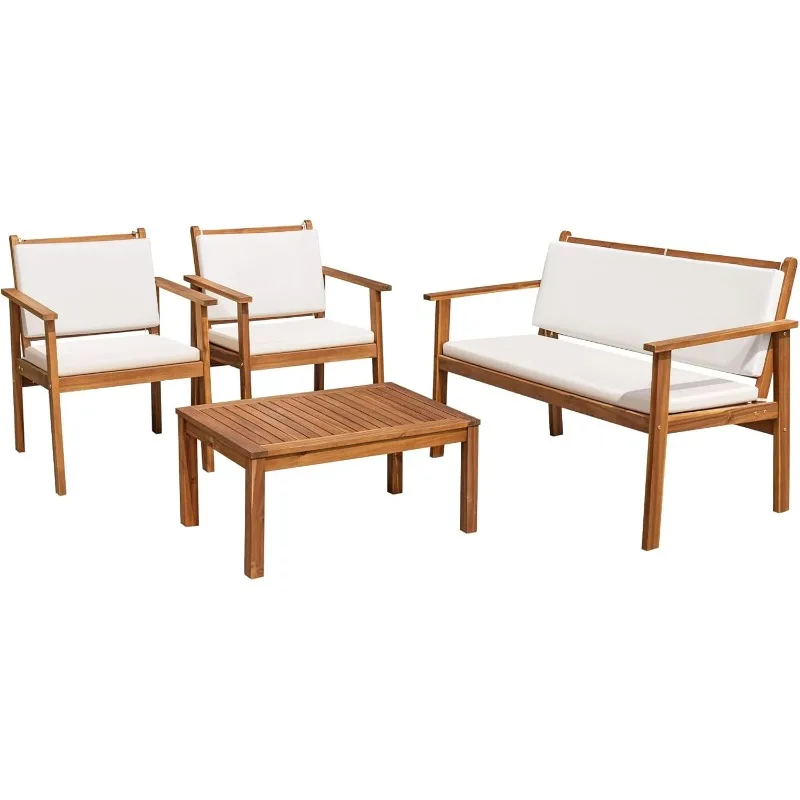 Flamaker Patio Furniture 4 Piece Outdoor Acacia Wood Patio Conversation Sofa Set with Table & Cushions Porch Furniture for Deck