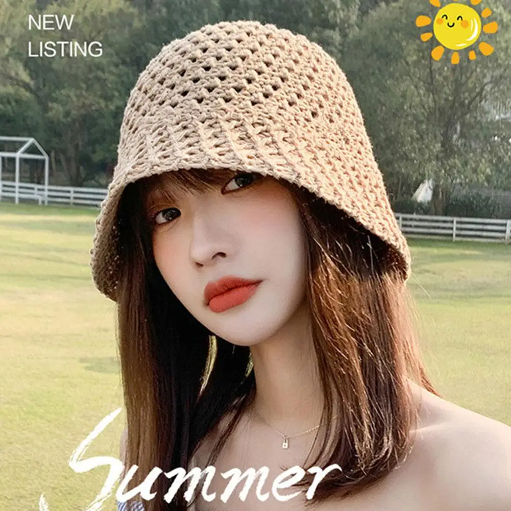 Summer Hollow Fisherman Hat Woven Hollow Out Bucket Hat Women Sun Protection Breathable Beach Hat for Spring Summer