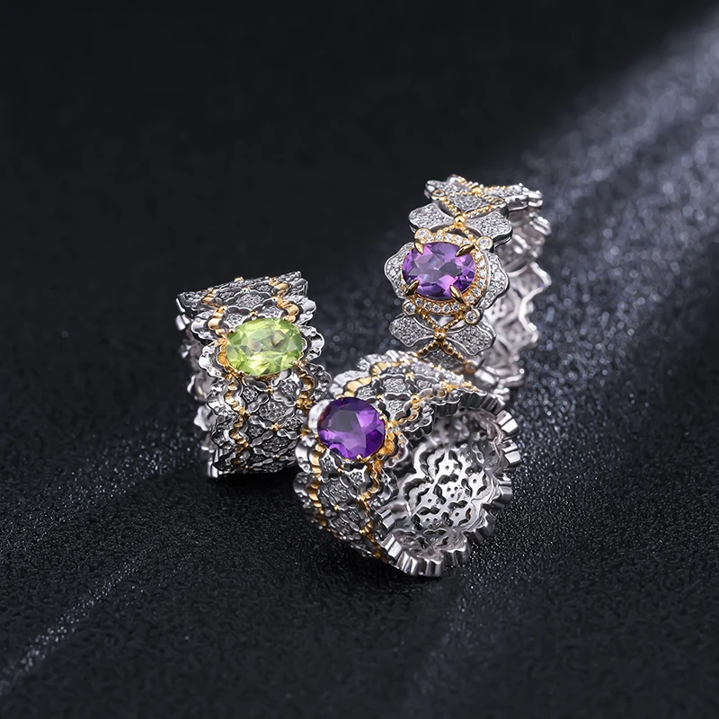 

Buccellate style natural gemstone lace ring beautiful and elegant retro fashion olive Paraiba amethyst