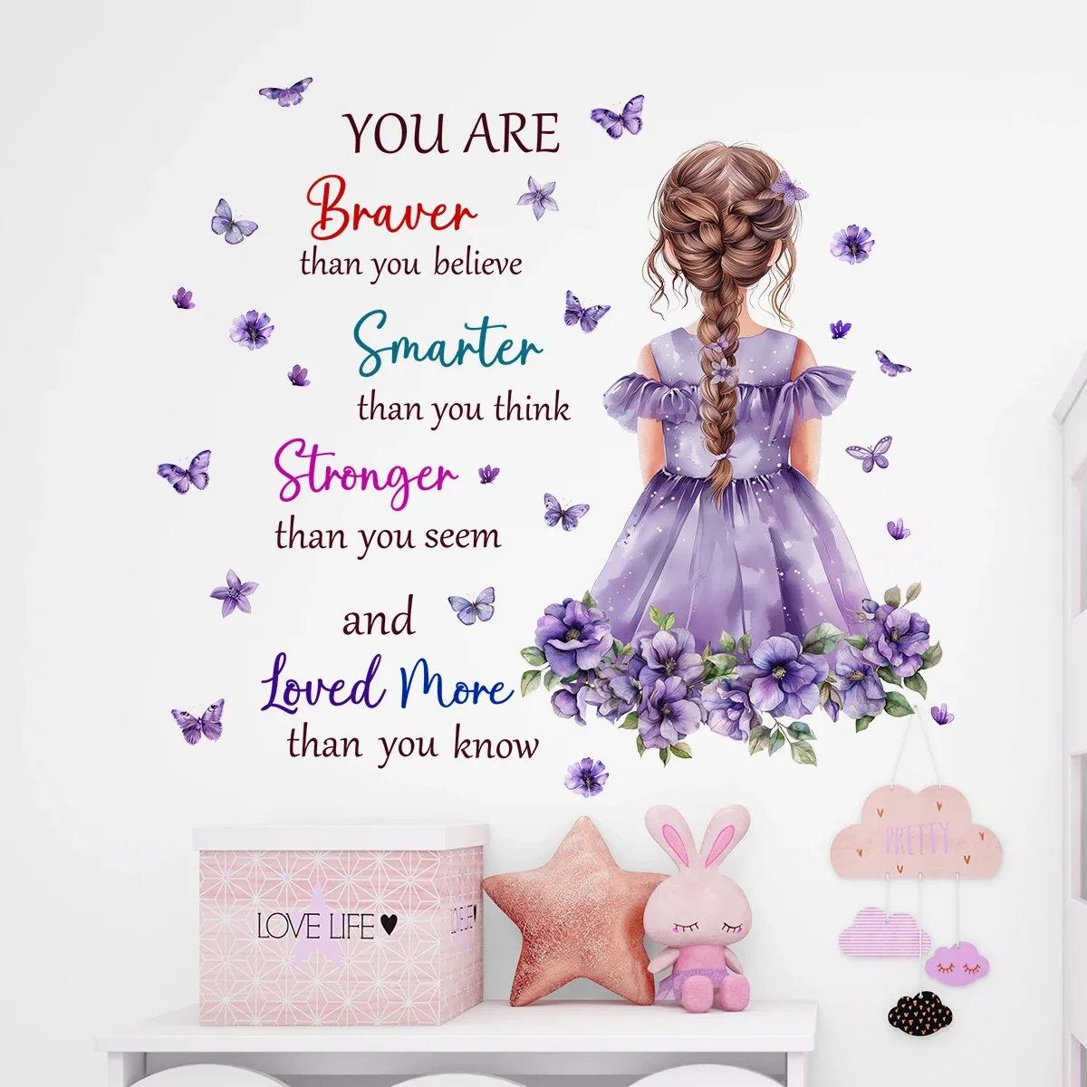 1Pc Cartoon Purple Flower Girls Text Wall Sticker Bedroom Decoration Items Living Girl Room Decor Kids Room Wall Decals Art