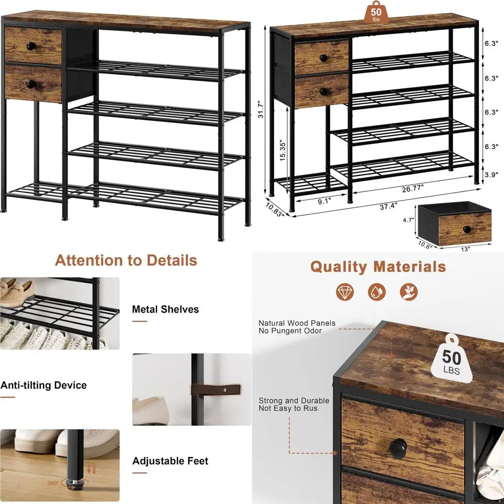 

5-Tier Fabric and Metal Shoe Rack for 16-20 Pairs, Wooden Board Organizer with Boot Storage for Entryway in Rustic Brown