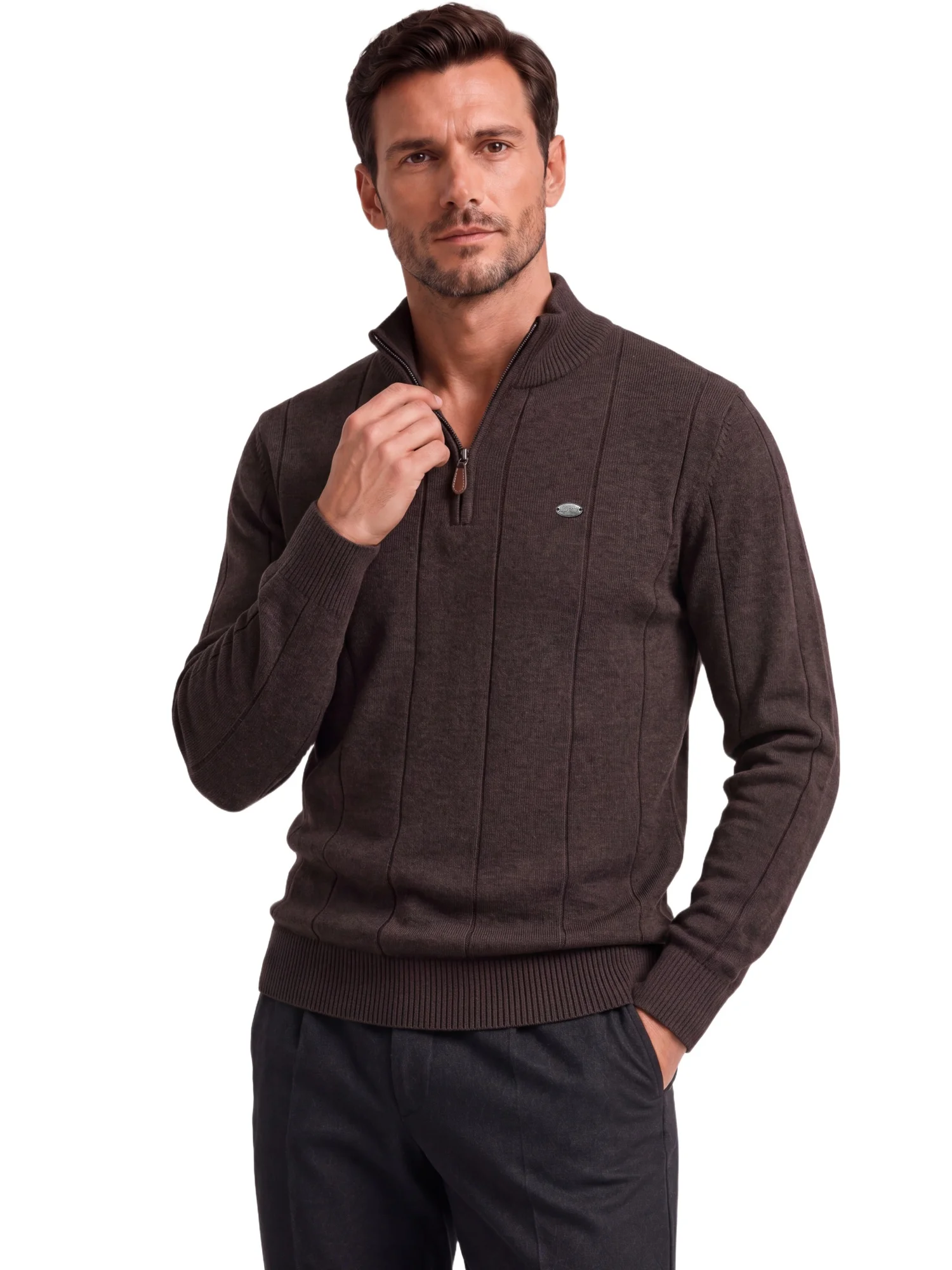 AIOPESON Herren Baumwolle Einfarbiger Casual Pullover mit Halbem Reißverschluss, Stehkragen, Gerippter Strickpullover, Herbst Winter Herren Langarm Slim Fit – Detail 8