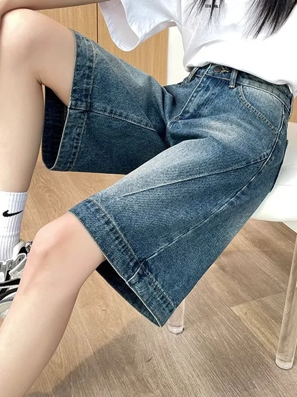 

High Waist Wide Leg Five-Quarter Denim Jeans Women's Summer Vintage Loose Straight Cut plus Size Shorts for plus Size Women