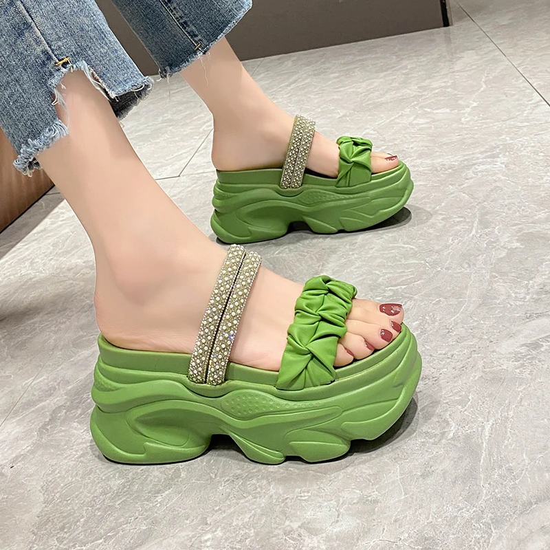 LazySea Crystal Straps 9cm Wedge Heel Women Slippers Platform Height Increasing Outside Slides Sweet New Women Sandal Shoe