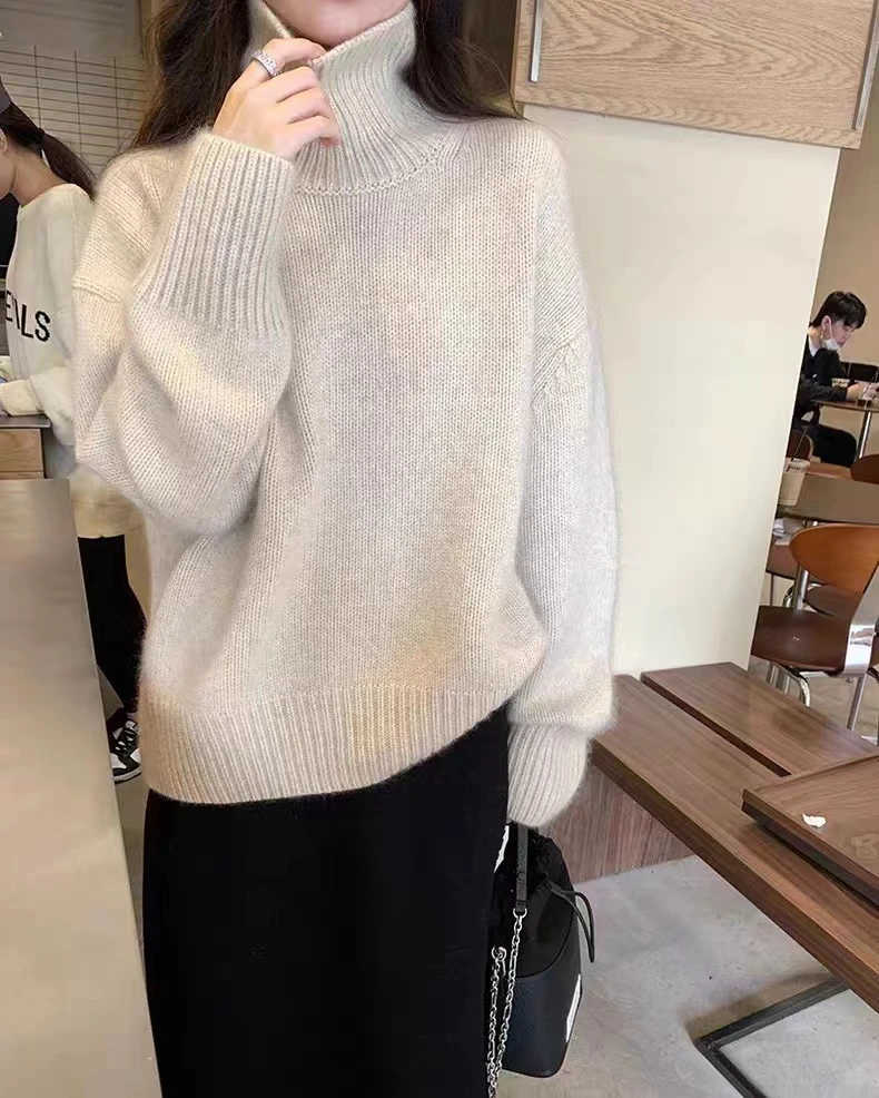 Cashmere sweater women\'s high-necked loose slim solid color cashmere knitted bottoming sweater plus size