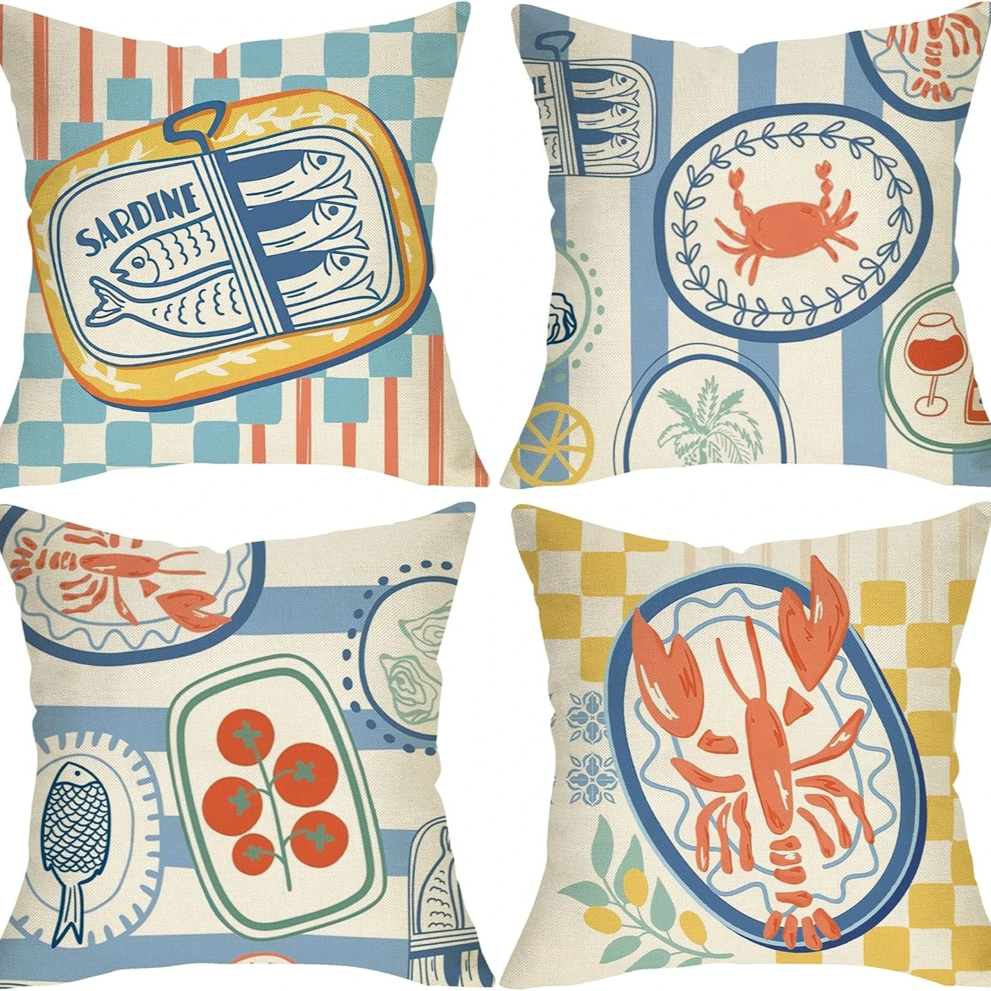 1PC 2D Flat Coastal Seafood Themed Throw Pillow Covers Vintage Nautical Kitchen Decor Cushion Cases