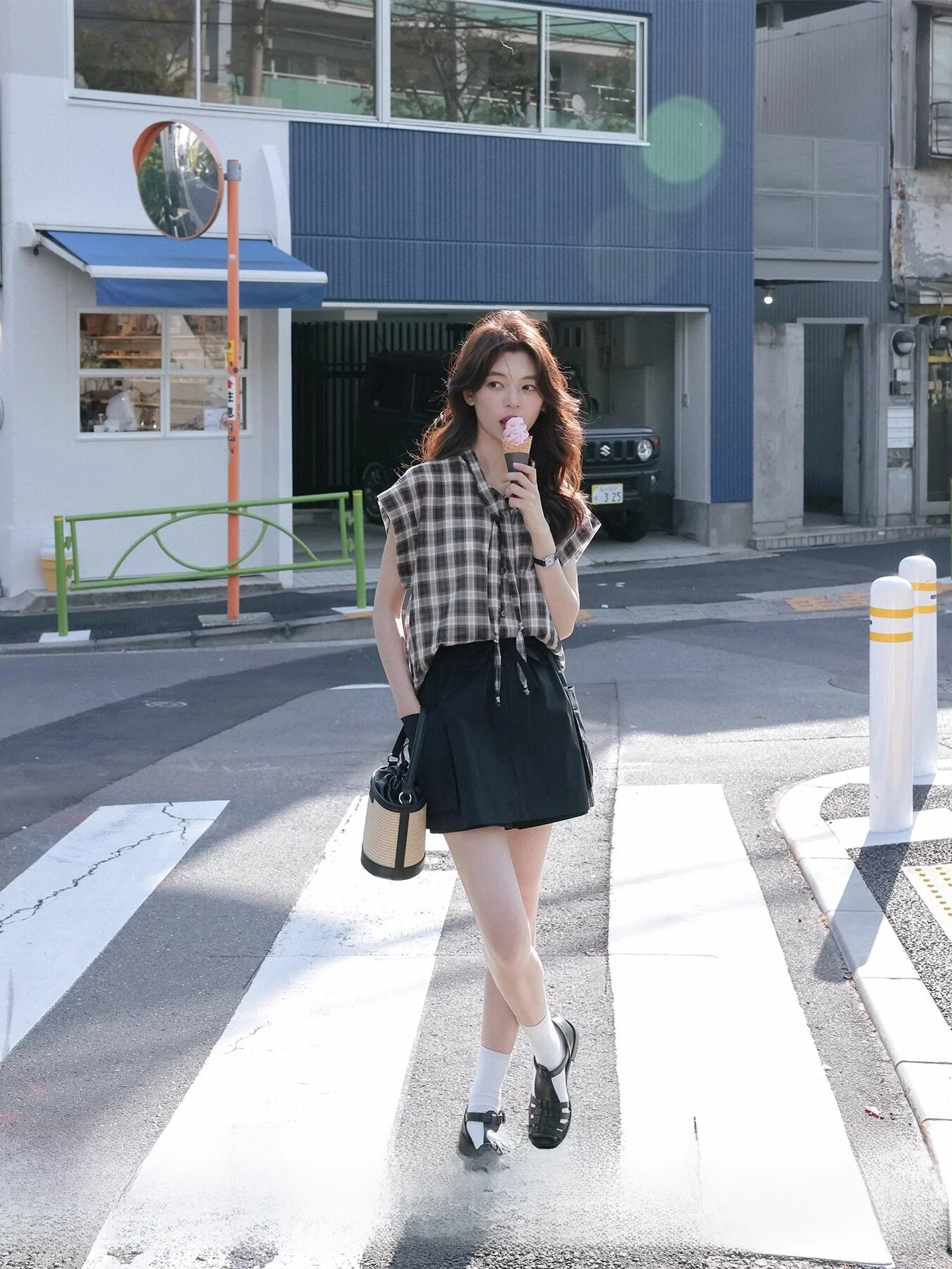 

Vintage Plaid Short Sleeve Shirt Women Spring Small Size Retro Top Breathable Cotton Commute Style Straight Cut Fly Sleeve