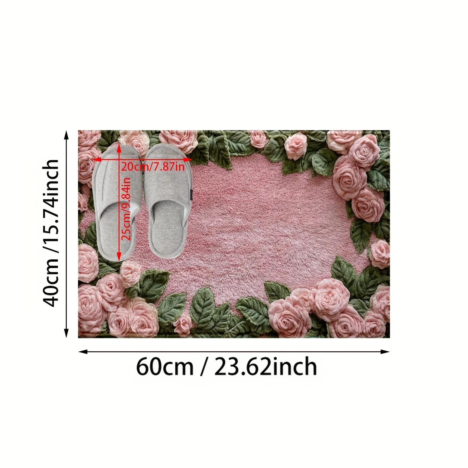 Imitation Cashmere Pink Rose Pattern Anti Slip Bath Mat, Ultra-Fine Fiber Machine Washable, Low Fleece Blanket, TPR Backing,