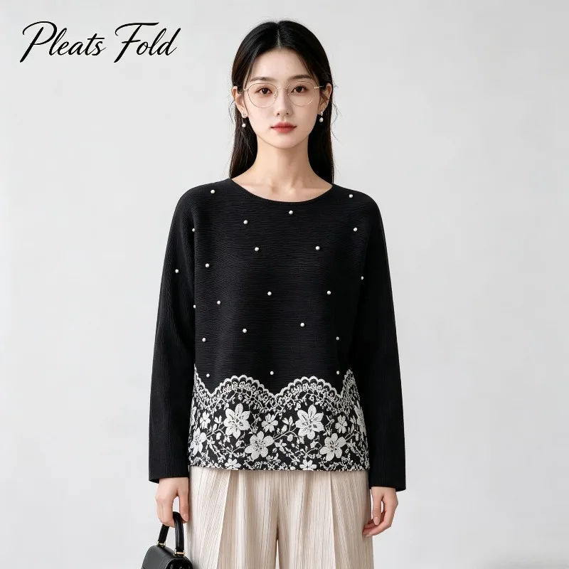 Miyake Pleated 2026 Autumn New Hollow Pattern Printed Pleated Polka Dot Lazy Loose Fashion Round Neck Casual Top for Women Pleat