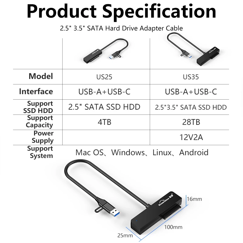 Blueendless USB 3.0 to SATA III Adapter USB-A Type C Converter for 2.5 3.5 Inch SSD HDD External Hard Drive Data Transfer Cables