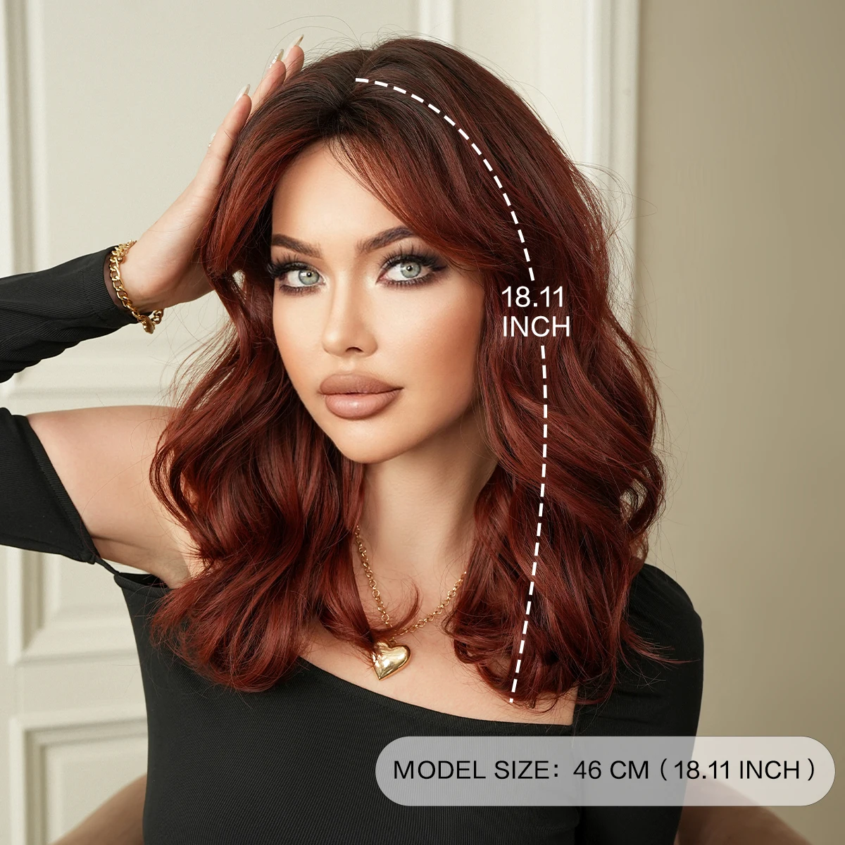 Shoulder Length Body Wave Wine Red Wig for Women High Density Synthetic Layered Modest Fashion Middle Part Wigs with Dark Roots - view 3