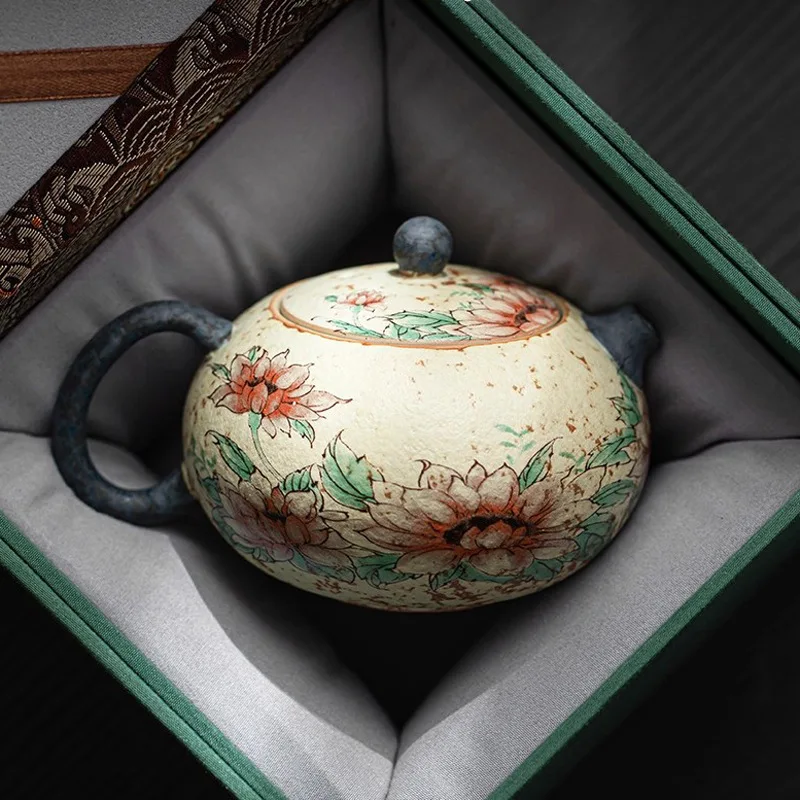 Sunflower Green Flint Ceramic Teapot Xishi Pot Retro Caramel Style Single Teapot For Home Kung Fu Tea Ceremony Table Decor Gift