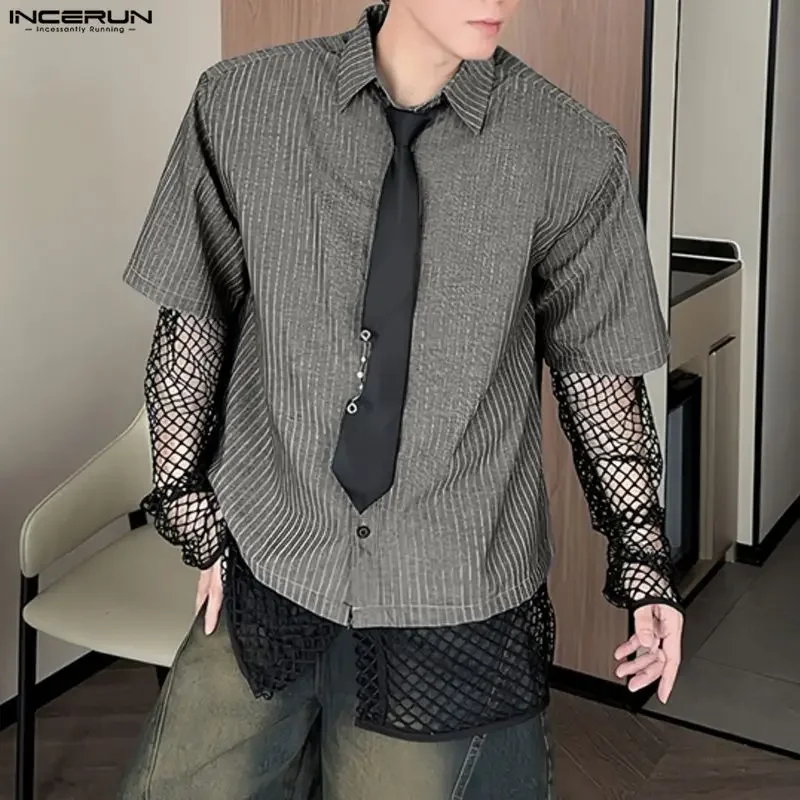 INCERUN Men's Shirt Mesh Patchwork Striped Long Sleeve Hollow Out Men Clothes Streetwear See Through 2026 Tops For Man Camisa