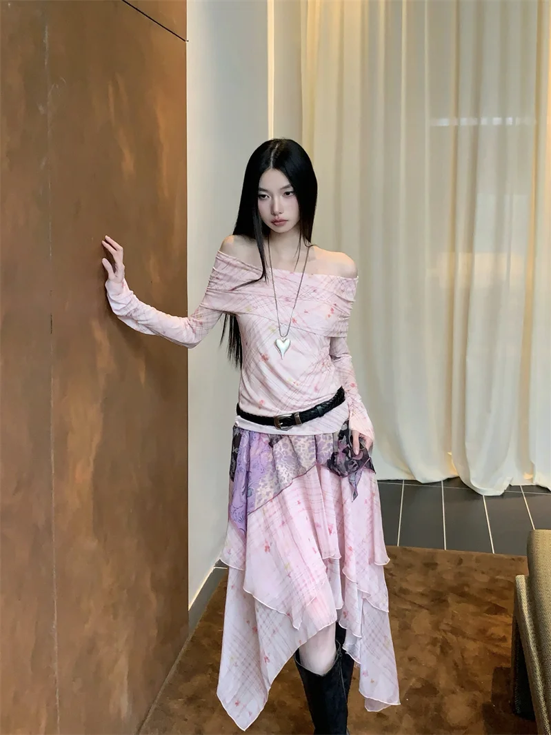 

Mipai Pink Chiffon Pleated Floral Print Long Sve T-irt Base irt One oulder Sta Collar Printed Hanfu Women's Faion