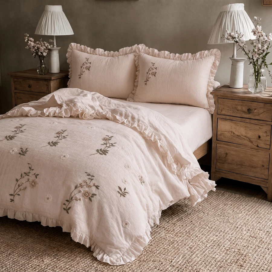 Natural WrinkleTextured Bedding Set Soft Fluffy Fabric Floral Embroidery, Muted Light Pink Ruffle Girls Duvet Cover 2Pillowcase