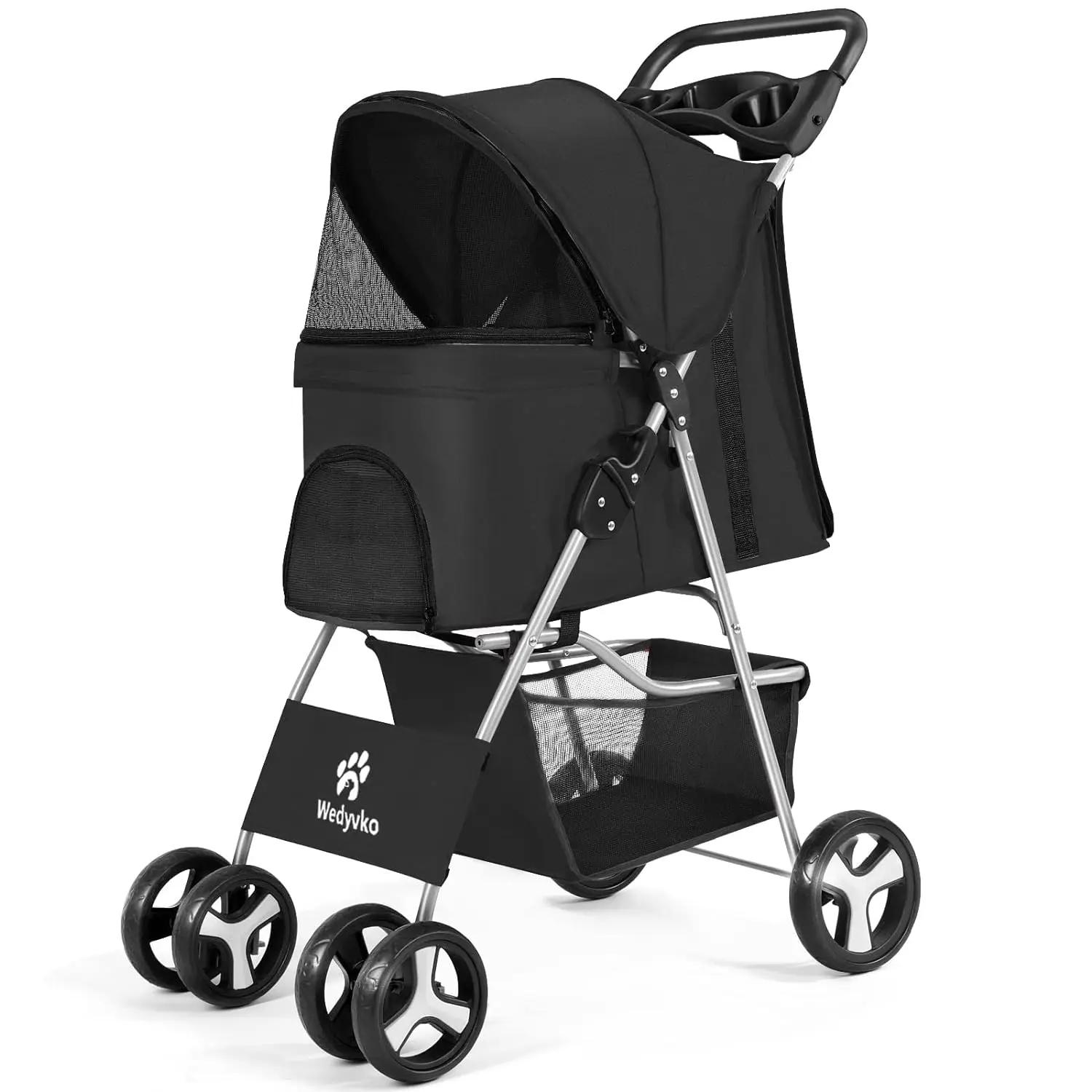 4 Wheel Foldable Cat Dog Stroller with Storage Basket, Handle 360° Front Wheel Rear Wheel with Brake for Small Medium Dogs