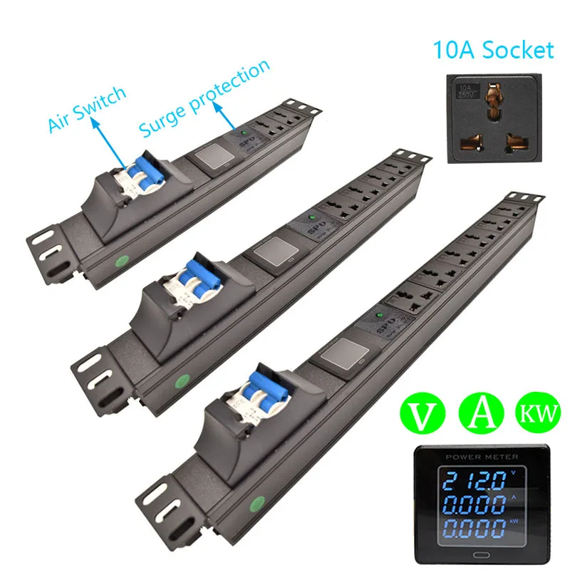 

PDU power strip with dual air switch current and voltage digital display instrument universal hole 10A socket 2M extension cable