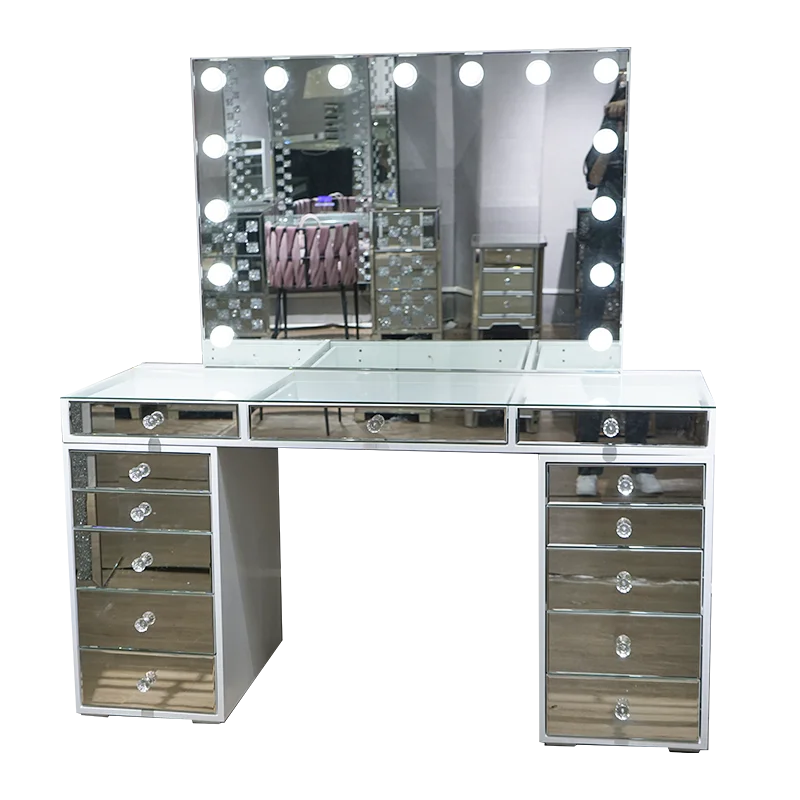 Luxury Hollywood Style Silver Gorgeous Large Professional Mirrored Dresser Glass Top With Light Dressing Mirror For Room Bedroom