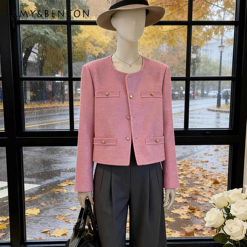 

Pink Tweed Short Coat Women 2026 Spring Autumn New Elegant Temperament Round Neck Gold Buckle Temperament Top Jackets Ladies