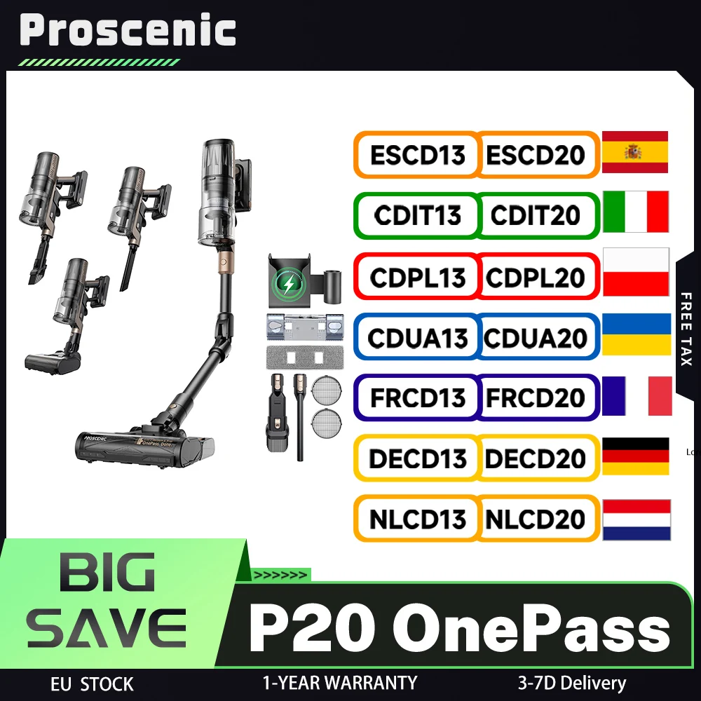 Aspiradora Inalámbrica Proscenic P20 OnePass, Succión de 70000 Pa, Motor sin Escobillas de 680 W, 70 Minutos de Autonomía, 180 °   Tubo Flexible, Húmedo y Seco