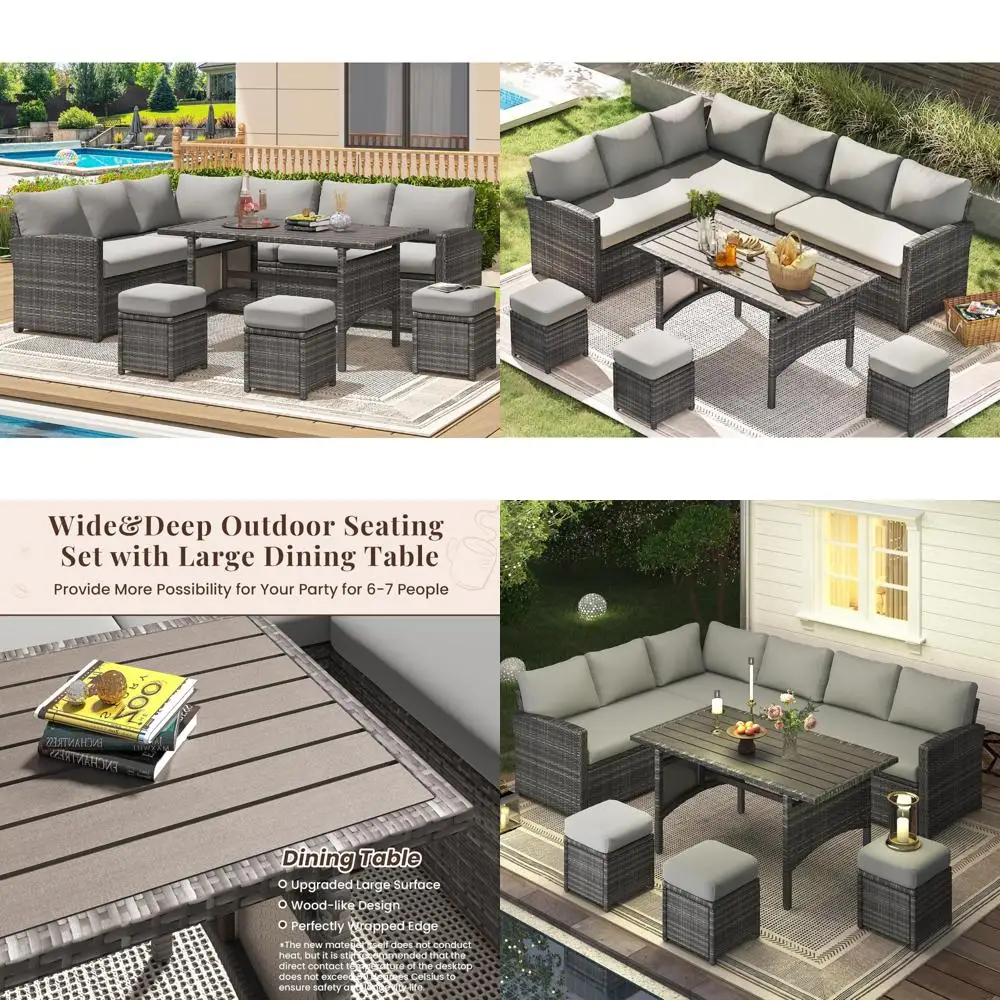 

All-Weather Outdoor Patio Sectional Sofa Set with 7-Piece Wicker Rattan Dining Table and Chairs