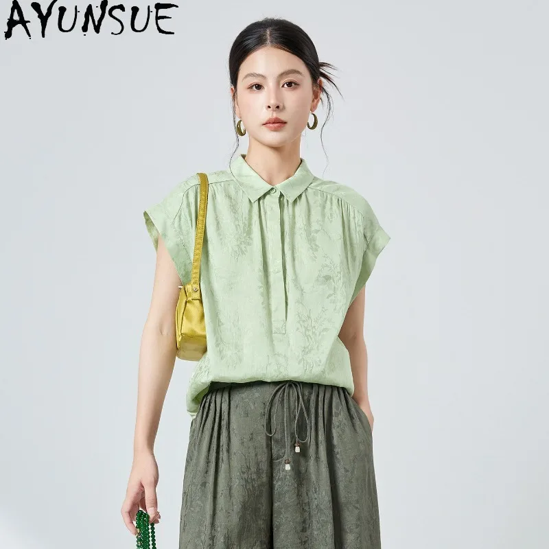 AYUNSUE Silk and Linen Blend Women's Blouses and Shirts Fashion Lapel Green Tops for Woman Loose Versatile Blouse Femme Clothes