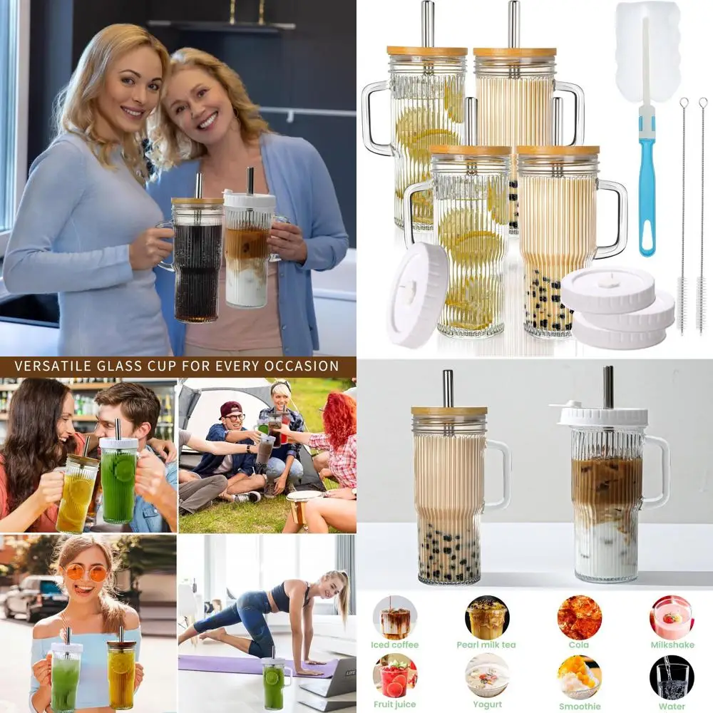 

Set of 4 Ribbed Glass Tumblers with Lids, Straws & Handle - Reusable Iced Coffee Cups for Smoothies, Shakes, Juices, Soda, Tea &