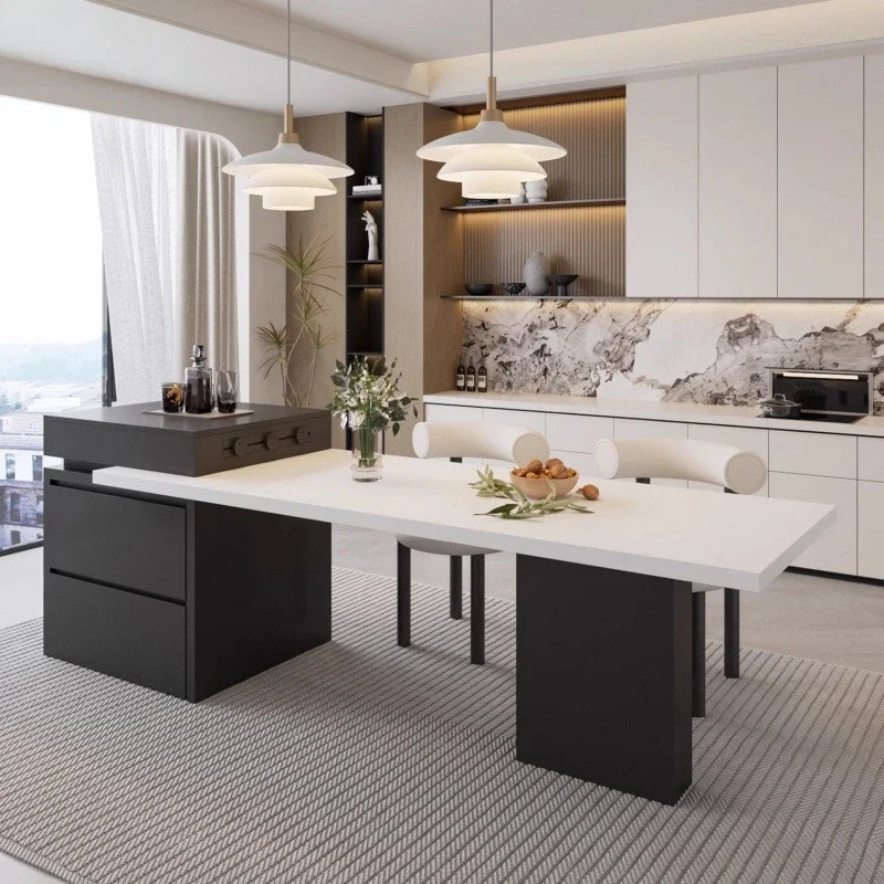 Kitchen small apartment high-end mid-guide table dining table integrated retractable lower hanging rock slab island
