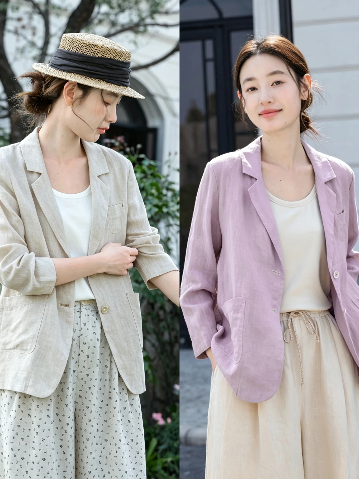 Elegant Linen Short Suit Jacket Women's Casual Commute Style Loose Fit Pure Linen Fabric Nine Sleeve Length Single Button