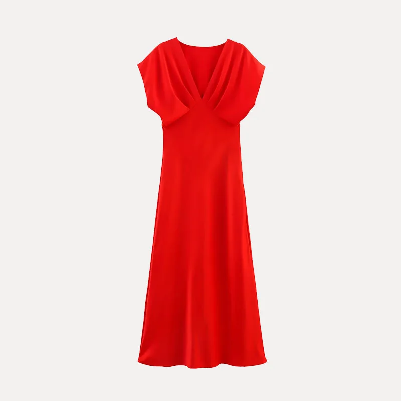 Z 2025 Spring Street Sle ort Sve الحرير الساتان يشعر ميدي Dr V Ne قطعة واحدة ألياف البوليستر 00% المرأة Dr