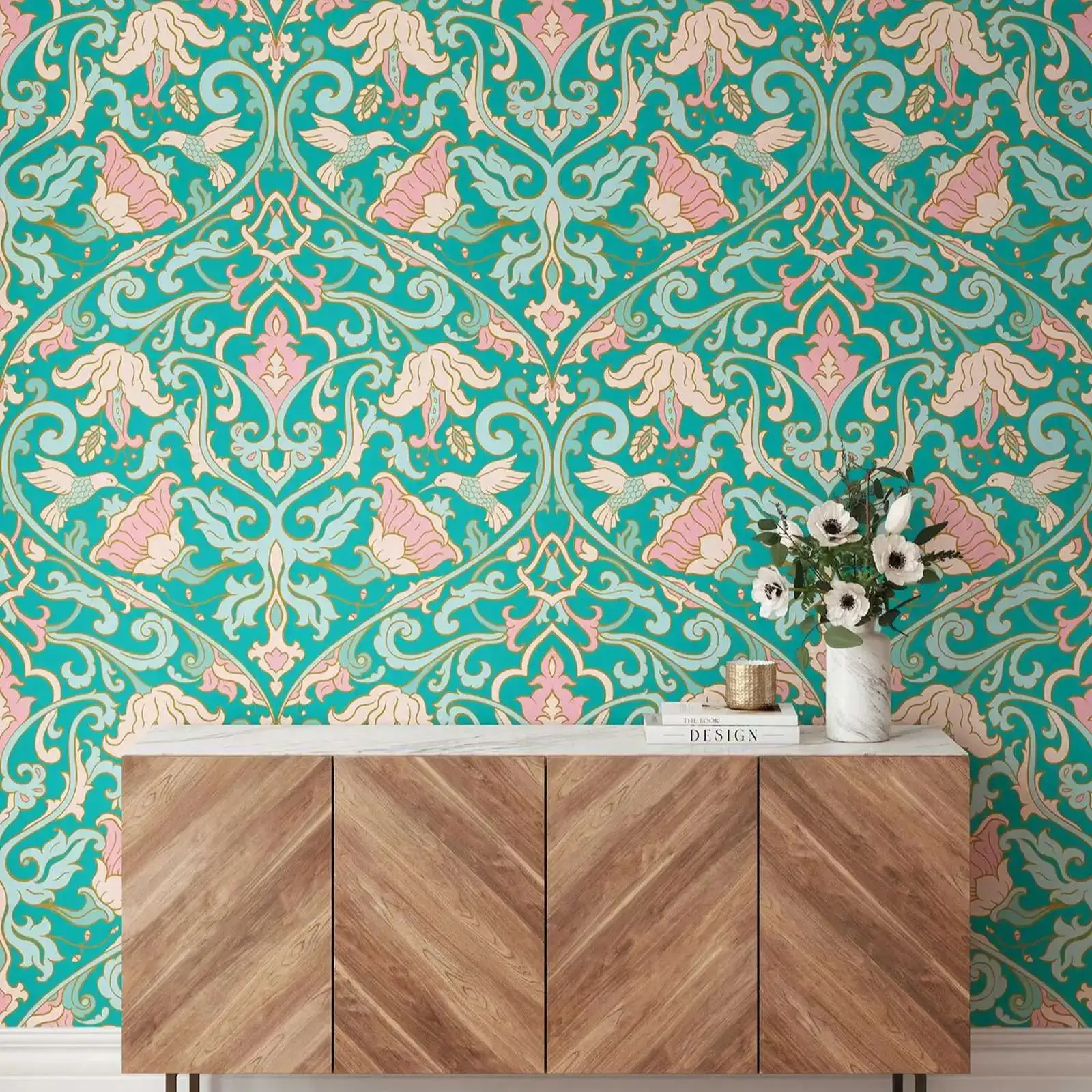 Pink Art Deco Flowers Teal Background Wallpaper, Elegant Floral Pattern Peel and Stick Wall Mural For Home Decor,Or Traditional