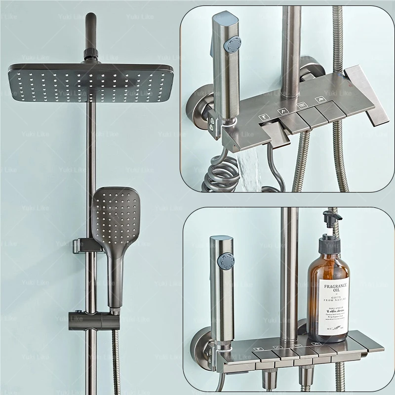 

Bathroom Gun Gray Shower Set Piano Button Switch the Water Out Multifunctional Rotary Adjustable Temperature Shower System Set