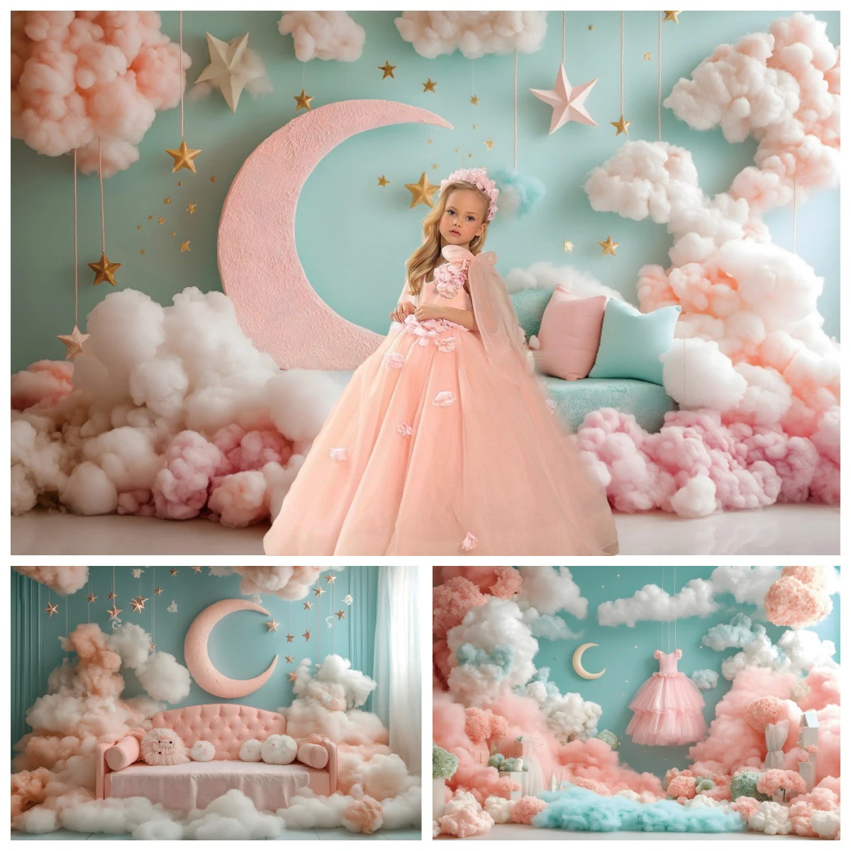 Dziewczyny pokój księżniczki fotografia tło marzycielska chmura księżyc gwiazda dekoracja wnętrz portret dzieci zdjęcie tło Photozone rekwizyty