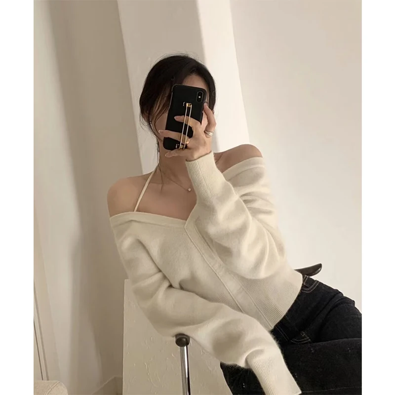 

Elegant Slash Neck Sweater Women Fashion Sexy Cropped Black Knitted Pullovers Winter Halter Knitwears Korean Long Sleeve Jumpers
