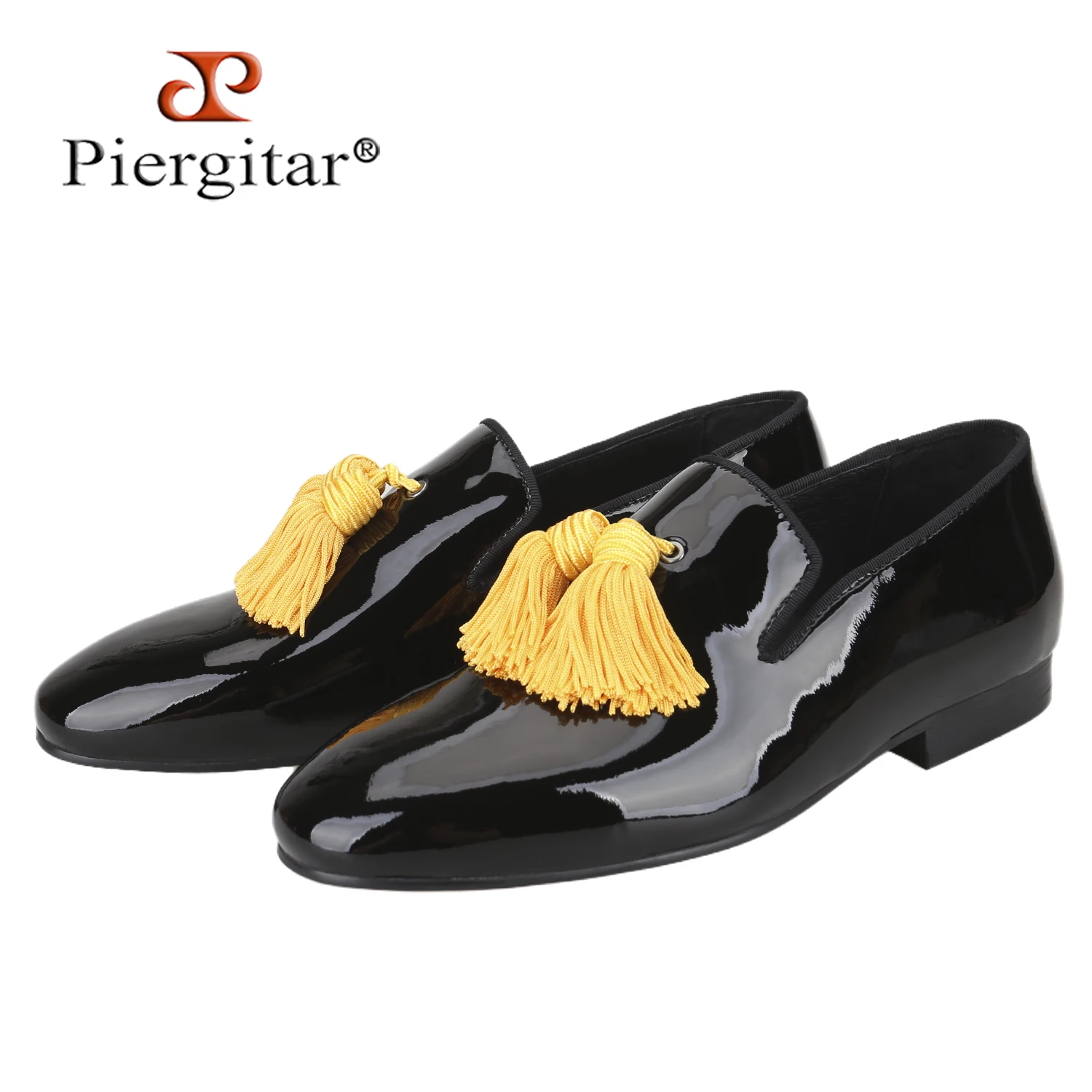 Piergitar Black Color Patent Leather With Gold Tassels Slip-On Loafers For Party And Wedding Formal Attire Handmade Men's Flats