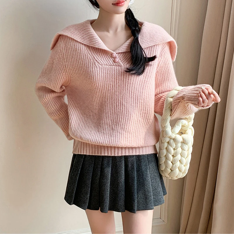 Women's Pink Lapel Knit Sweater 2026 Lazy Style Long Sleeve V-Neck Button Detail Coat Casual Ribbed Pullover for Fall Winter