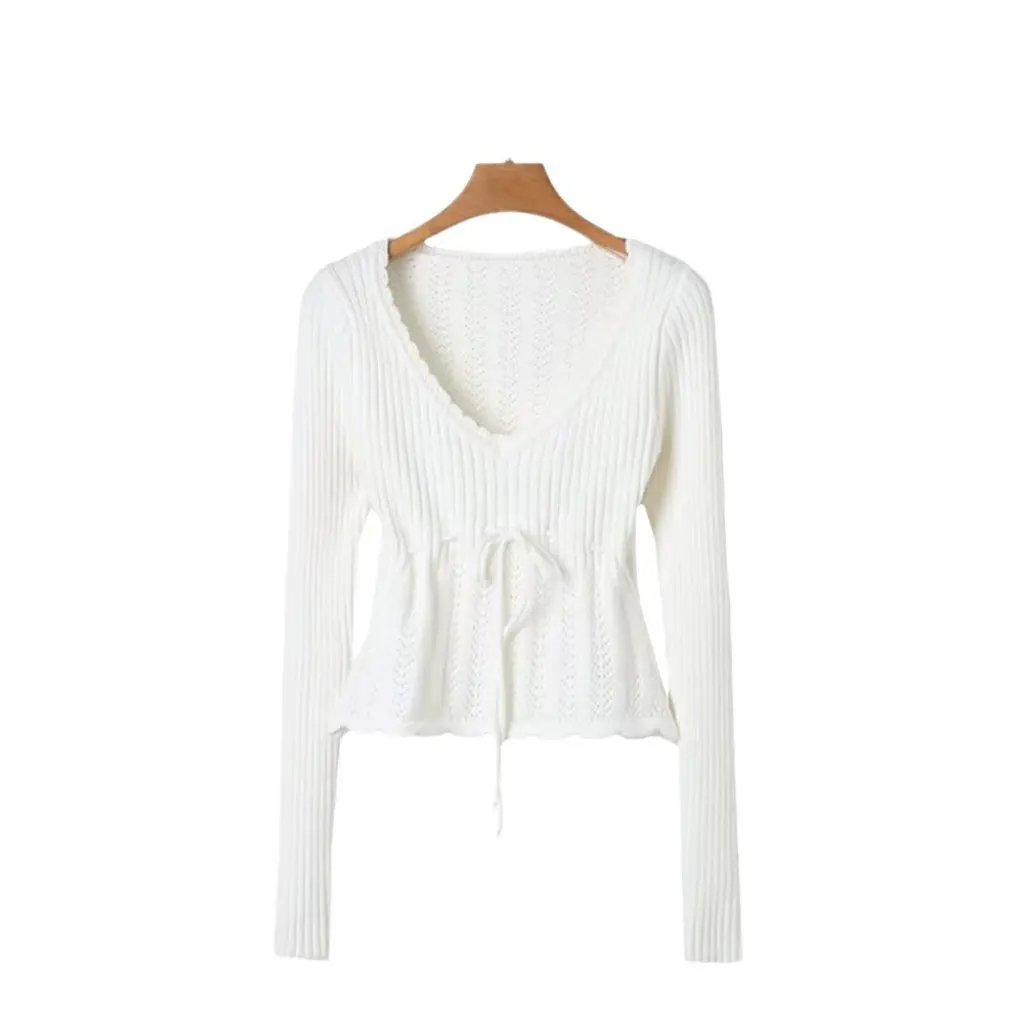 

YPFF Women's Retro Long Sleeve Sweater Large round Neck Slimming Lace-Up Top European American Style Trendy Short Waist Design