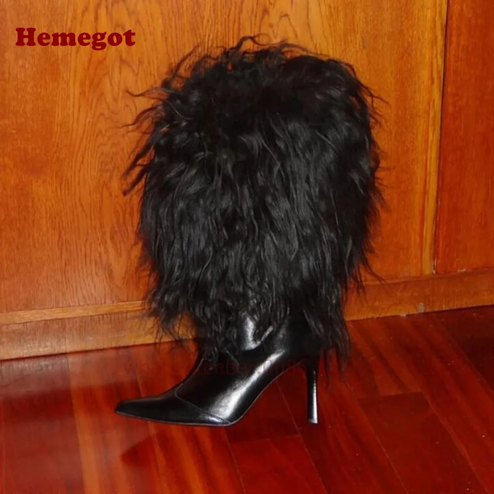 Fluffy Fur Boots Stiletto Mid-Calf Women's Boots Thin High Heels Black Leather Pointy Toe Solid Warm Shoes Plush Winter Sexy