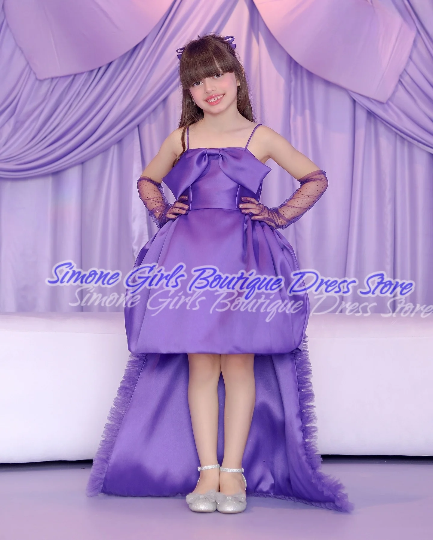 

Фиолетовый сарафан длиной до колена с бантом, платье с цветочным узором для девочек на день рождения, официальные приемные, танцевальные представления, праздничные торжества