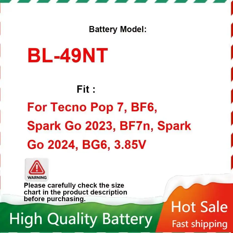 BL-49NT Mobile Phone Battery For Tecno Pop 7, BF6, Spark GO 2023, BF7n, Spark GO 2024, BG6, 3.85V Fast Shipping 5000mAh Portable
