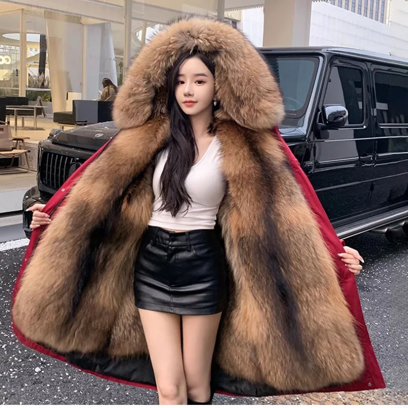 Women Winter Imitation Fur Coat Fur One Jacket Female Parka Mid-Length Fox Fur Collar Rabbit Fur Slim Lady Outerwear Oversize5XL