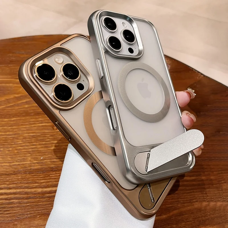 Casing Magnetik Transparan Berlapis Embun untuk iPhone 17 16 15 14 13 12 11 Pro Max dengan Penyangga Lipat untuk Magsafe, Pelindung Anti Benturan