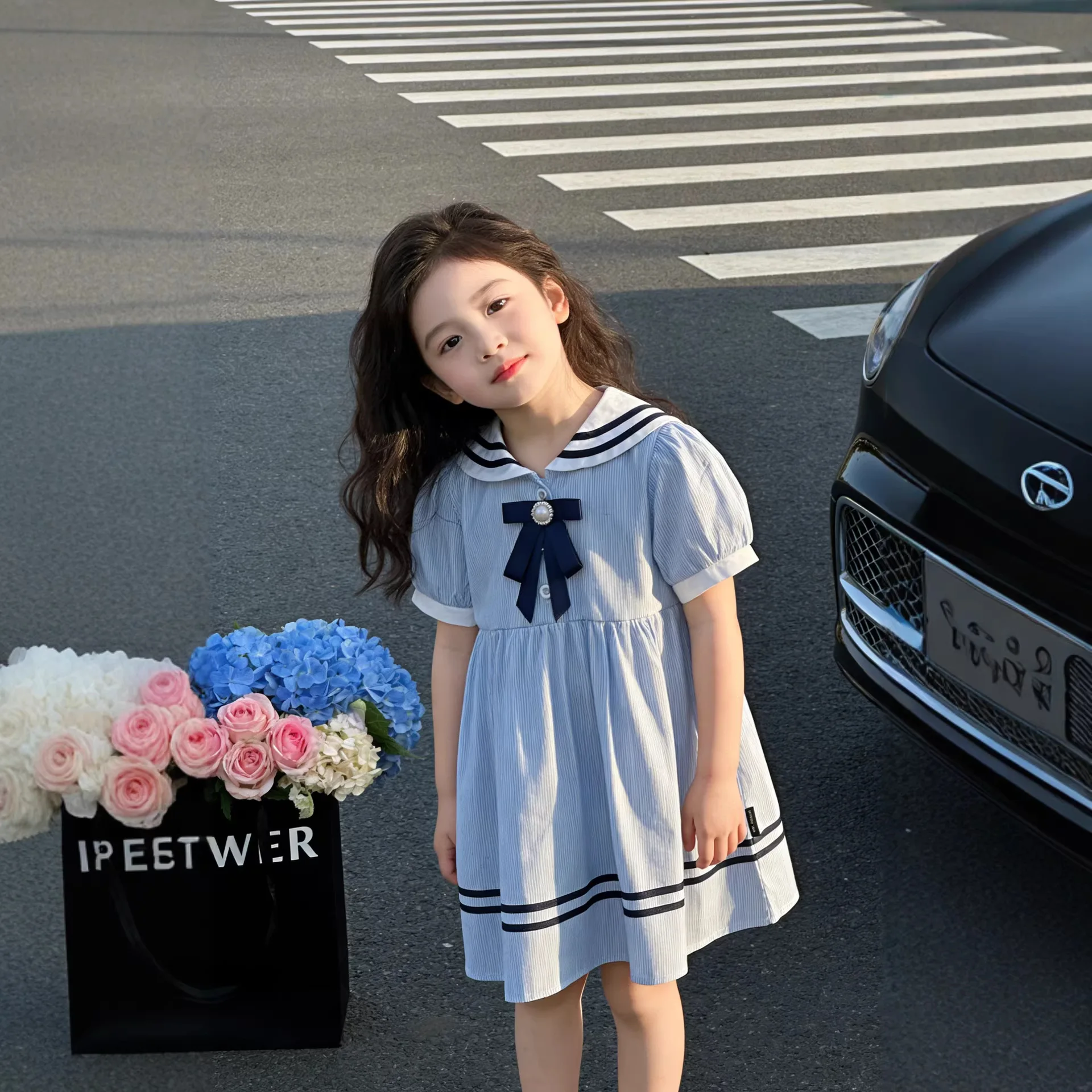 Girls Navy Collar Princess Dress 2026 Summer Korean Janpn Style Bow Decor Campus Fashion Kids Dress For Middle Little Girls