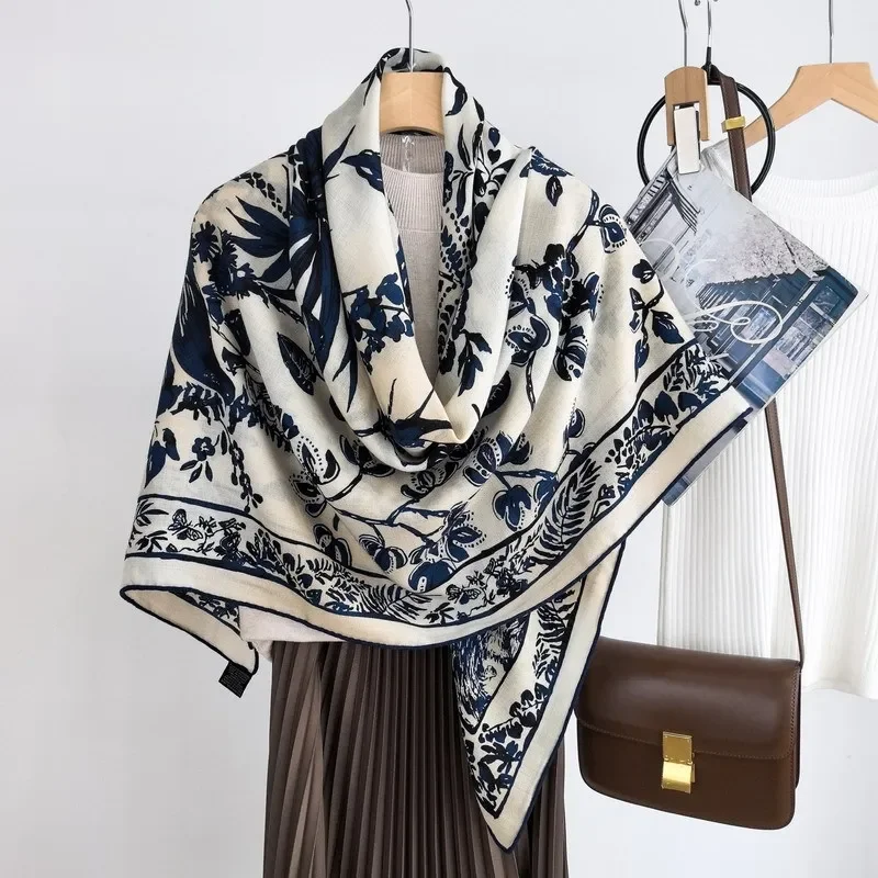 

High-end Elegant Women Retro Tropical Rainforest Double Sided Print Quality Silk Wool Hand-rolled Edge Large Square Scarf Shawl