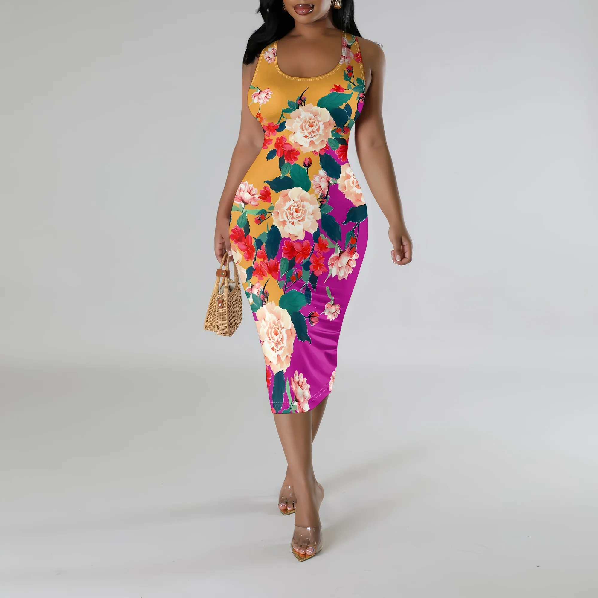 

Nupusa Floral Print Dress for Women Standard Size Summer Casual Sleeveless Bodycon Midi Dress