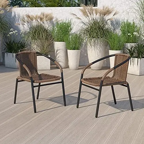 Set of 2 Modern PE Rattan Stack Chairs, Indoor/Outdoor Patio Dining Chairs, No Assembly Required, Brown